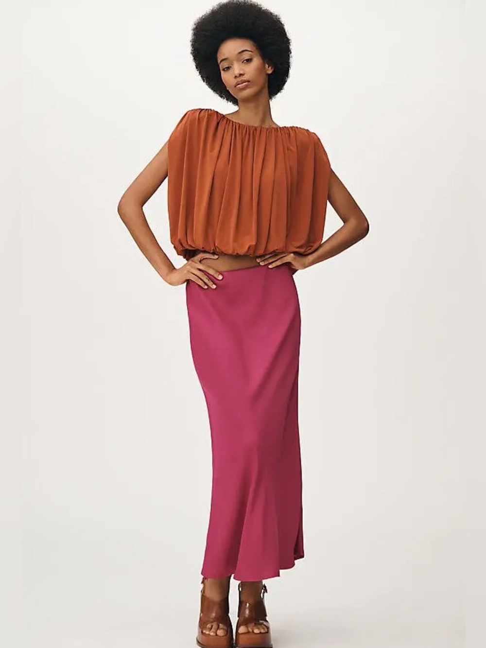 Dolan Bubble Top Padded Shoulder Ruched Sleeveless Blouse brown orange small